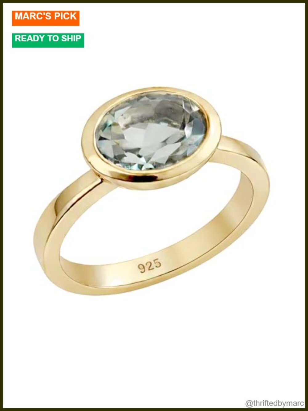 Green Amethyst Ring 925 Sterling Silver 3-Micron Gold Plated 8x10mm Oval Bezel